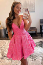 Glitter Hot Pink A-Line Short Homecoming Dress with Pockets Bmbride