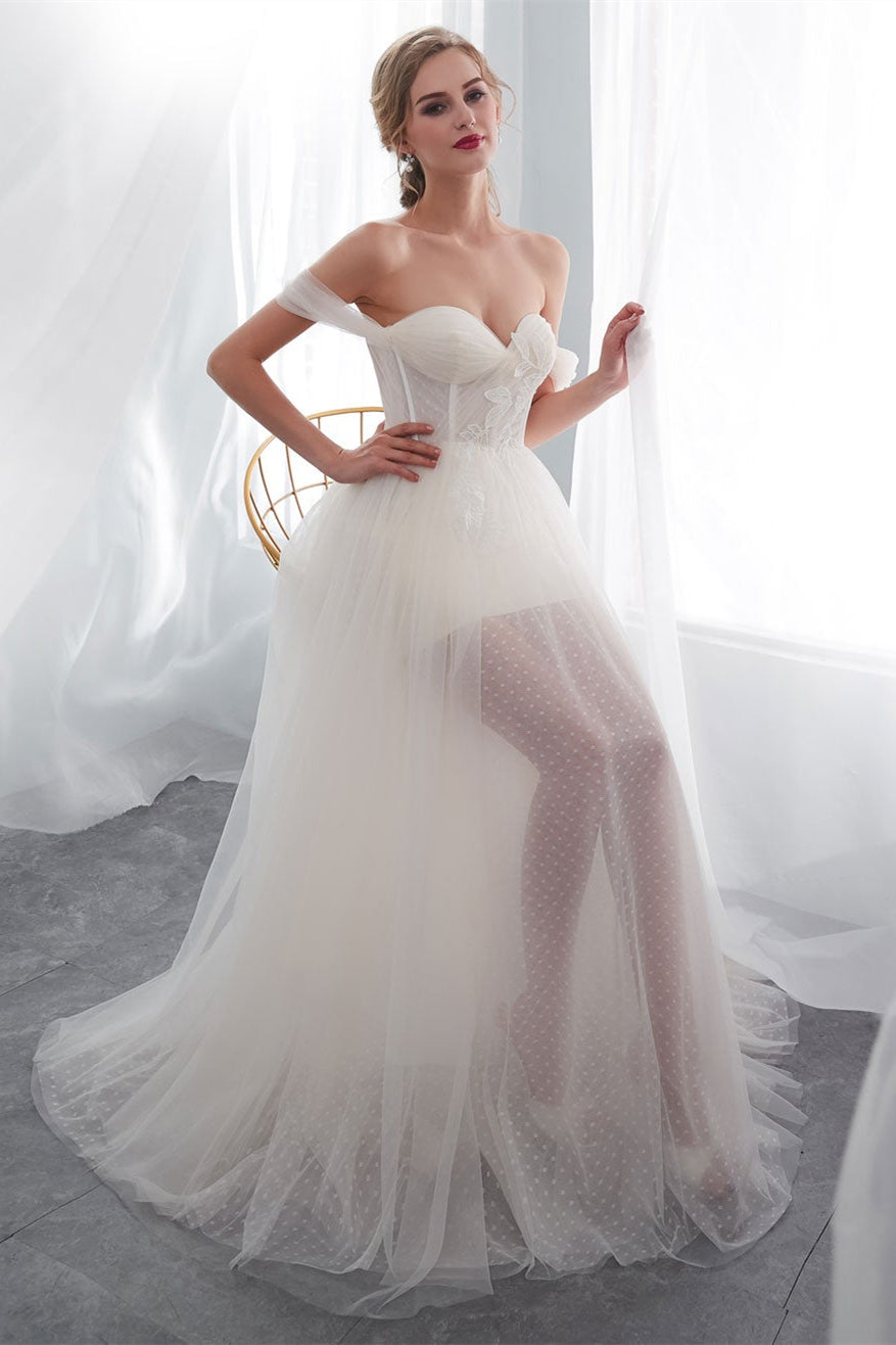 Long Off-the-Shoulder Tulle Wedding Dress BM bride