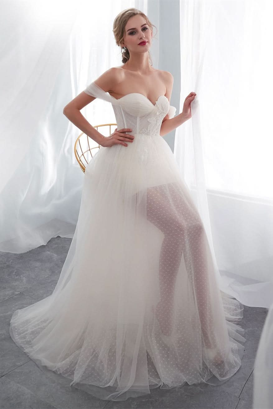Long Off-the-Shoulder Tulle Wedding Dress BM bride