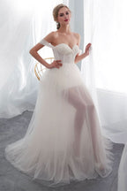 Long Off-the-Shoulder Tulle Wedding Dress BM bride