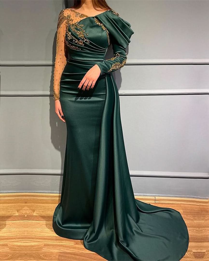 Dark Green Long Sleeves Mermaid Evening Dress with Beads Appliques BM bride