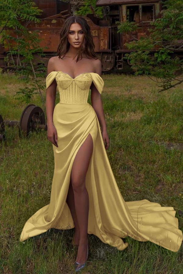 Mermaid Off the Shoulder Strapless Beadings Sweetheart Prom Dress Split BMBRIDE