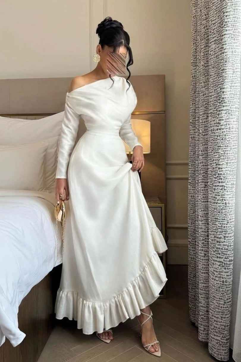 White Off the Shoulder Long Sleeves Long Prom Dress With Ruffles