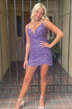 Sparkly Purple V-Neck Sequins Sleeveless Tight Short Homecoming Bmbride