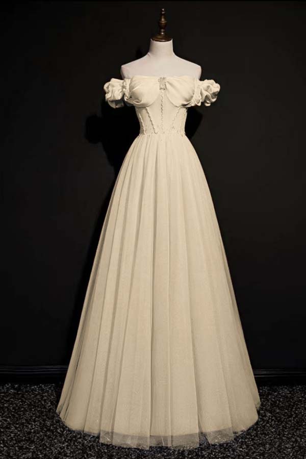 Off the Shoulder Strapless Sleeveless Long Prom Dress With Tulle BMBRIDE