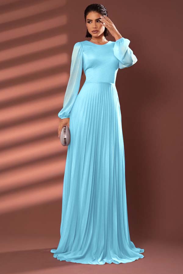 Chiffon Jewel Neck Long Sleeves Long Prom Dress With Pleated BMBRIDE