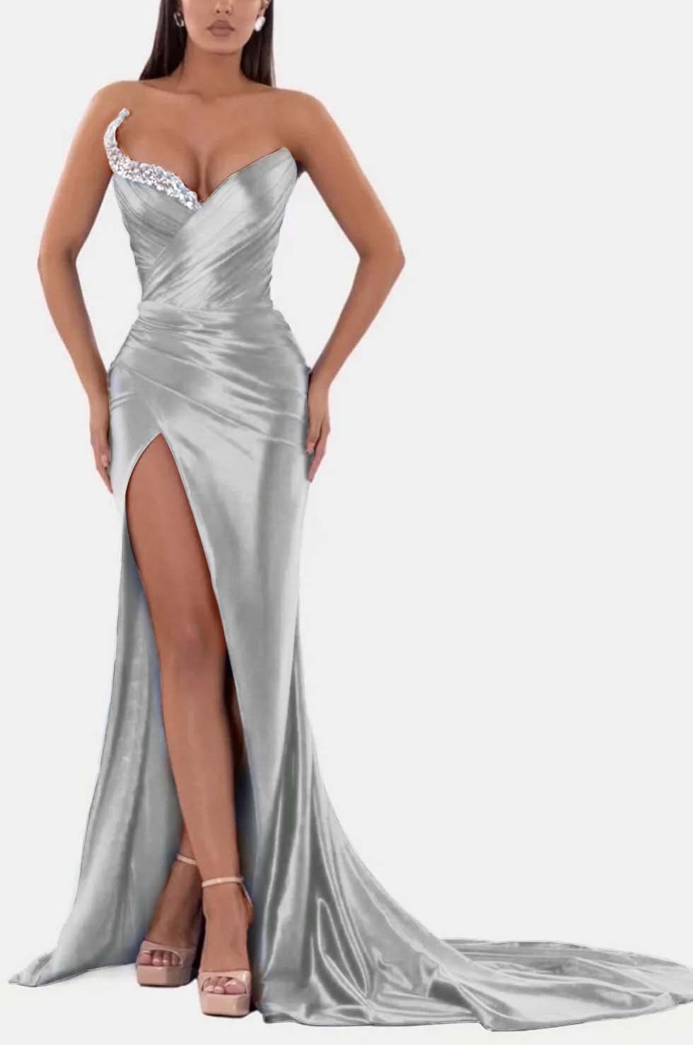 Sexy Royal Blue Prom Dress V Neck With High Slit Pleated Strapless Sleeveless BMBRIDE