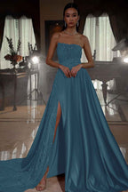 Pink Strapless A Line Sleeveless Sequins Long Prom Dress With Front Split