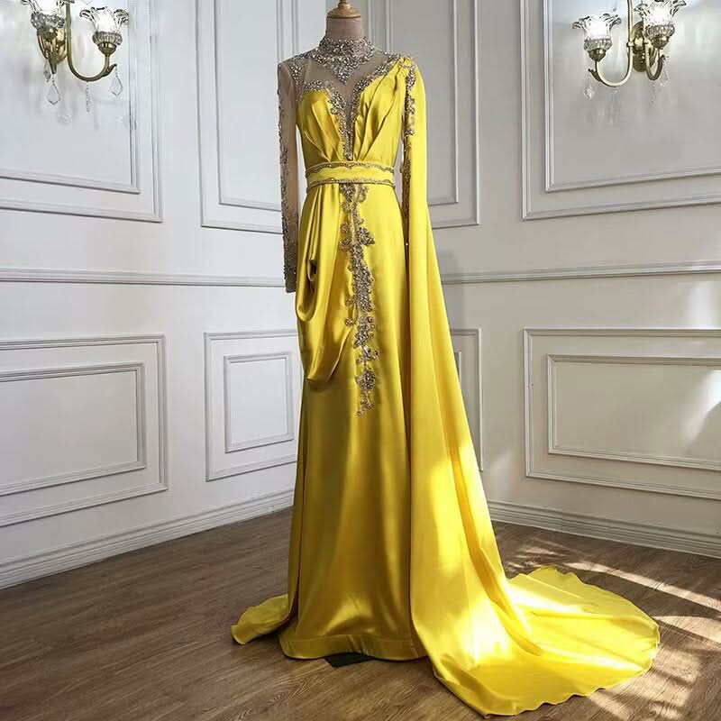Shining Yellow Beaded Embroidery Floor-Length Mermaid Prom Dress with Shawl BM bride