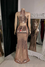 Rose Sleeveless Halter Prom Dress with Sequins and Long Slit BM bride