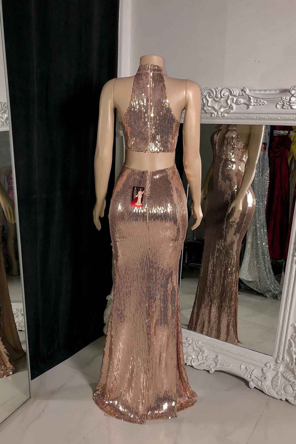 Rose Mermaid Prom Dress Sleeveless Halter With Sequins Long Split