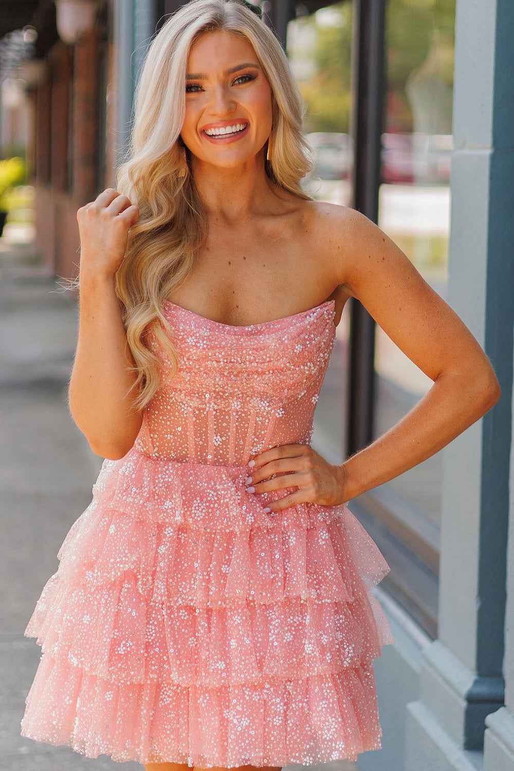 Light Blue Corset Strapless A-Line Tiered Short Homecoming Dress Bmbride