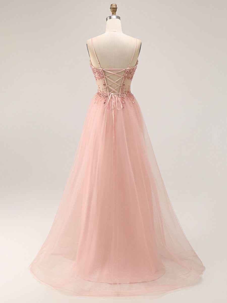 Light Pink Glitter Beaded Tulle Corset Long Porm Dress