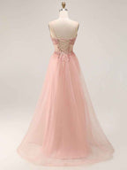 Light Pink Glitter Beaded Tulle Corset Long Porm Dress