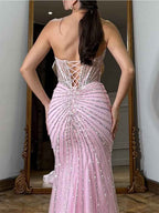 Pink Strapless Crystal Corset Long Prom Dress with High Slit