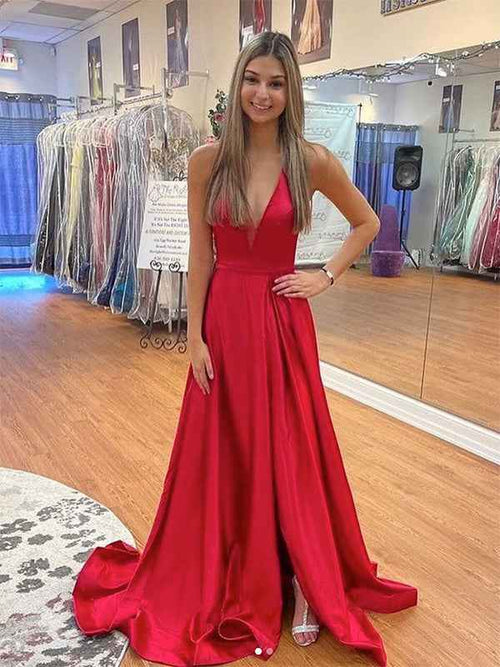 Red A Line Spaghetti Straps V Neck Long Prom Dress with Slit BMBRIDE