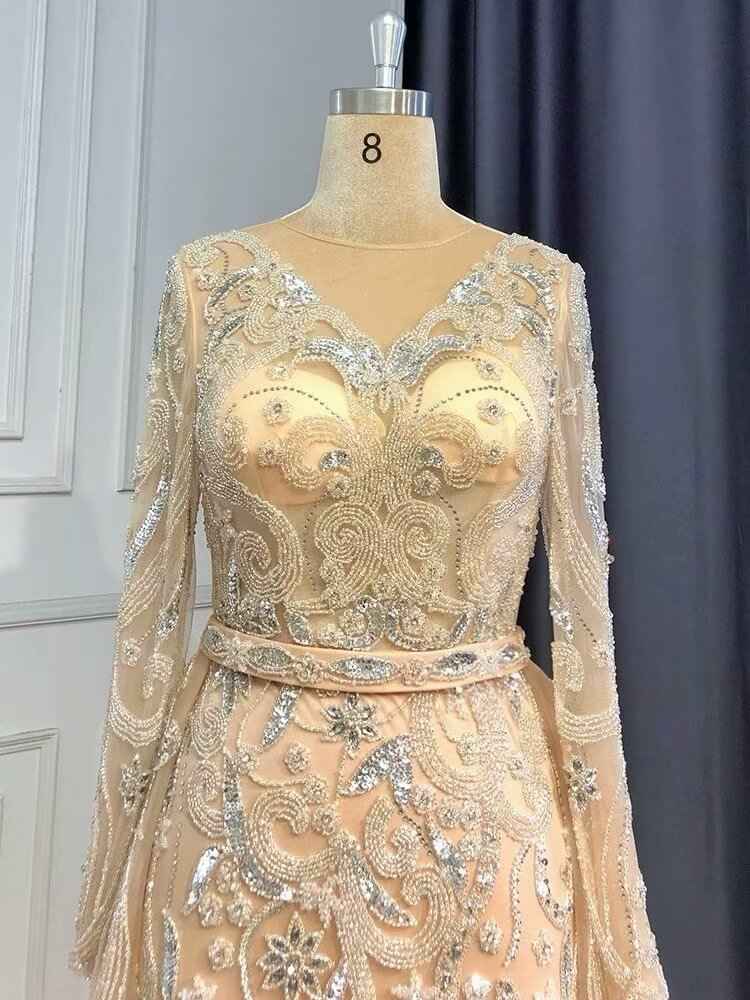 Elegant Champagne Gold Long Sleeves Bead Embroidery Long Prom Dress