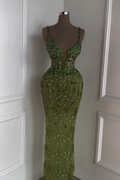 Spaghetti Strap Sleeveless Long Mermaid Prom Dress With Beading