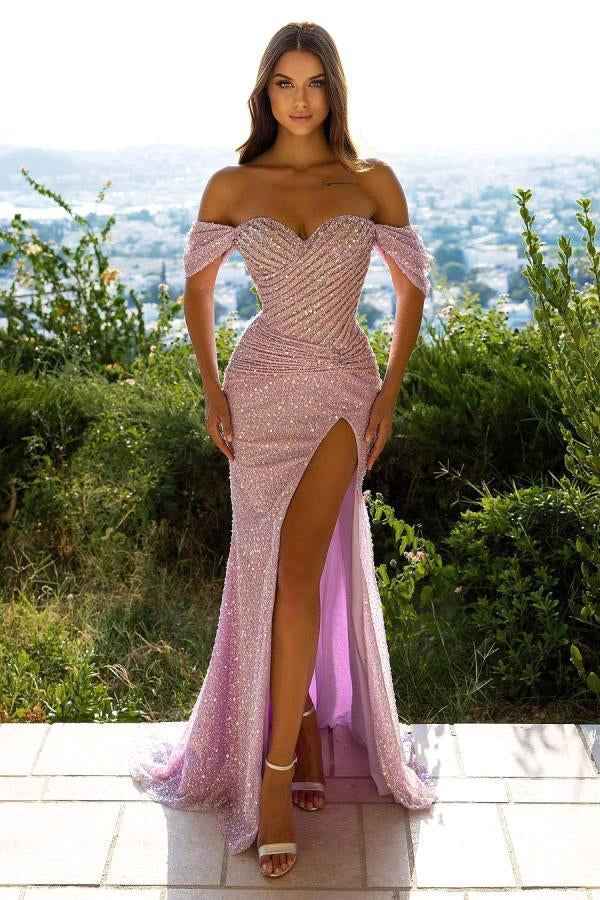 Mermaid Off the Shoulder Strapless Sequins Long Prom Dress With Front Split