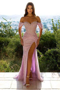 Mermaid Off the Shoulder Strapless Sequins Long Prom Dress With Front Split
