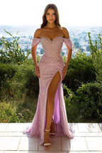 Mermaid Off the Shoulder Strapless Sequins Long Prom Dress With Front Split