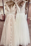 Long Sweetheart A-Line V-Neck Backless Wedding Dress with Tulle Lace BM bride