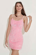Sheath Spaghetti Straps Pink Sequins Short Homecoming Dress