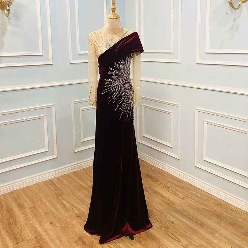 One shoulder Sequins Long Sleeves Grape Appliques Bead Embroidery Long Prom Dress