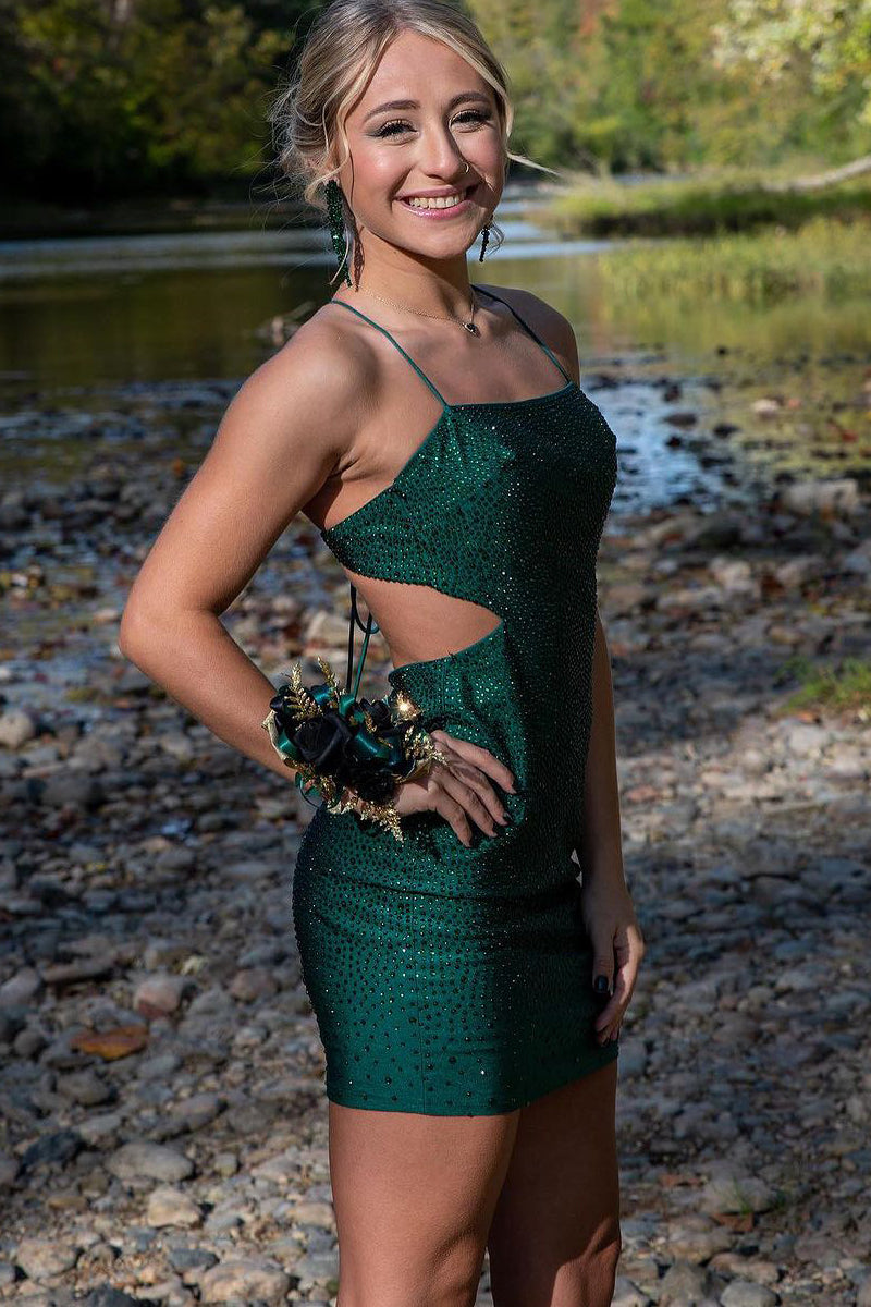 Dark Green Spaghetti Strap Short Homecoming Dress with Beading BM bride