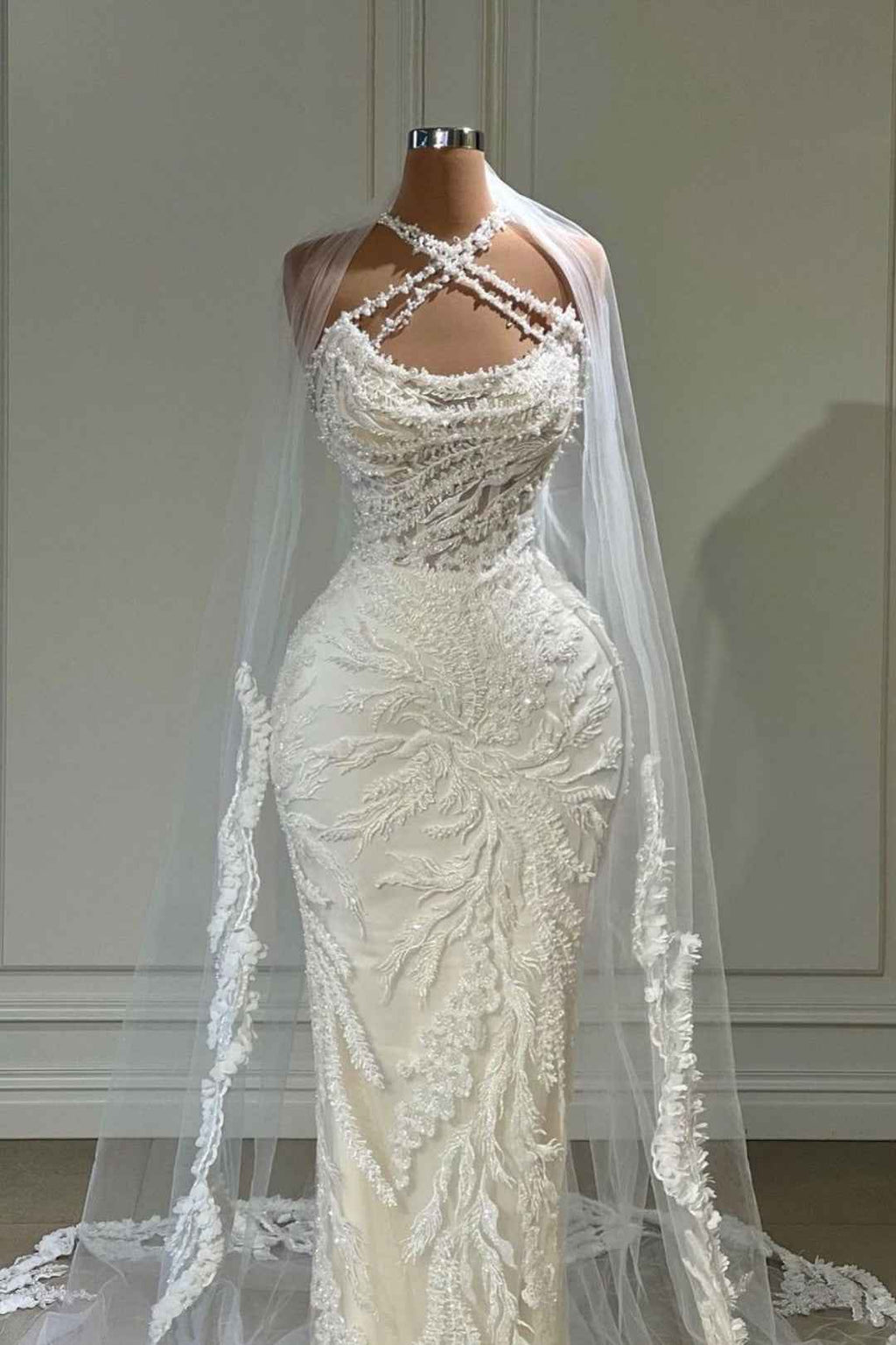 Halter Long White Wedding Dress with Tulle Appliques BM bride