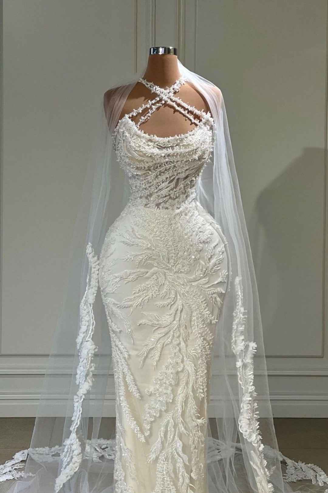 Halter Long White Wedding Dress with Tulle Appliques BM bride