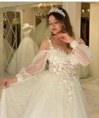 A-line Wedding Dress With Spaghetti-Straps Long Sleeves Lace BM bride