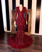 Burgundy V-Neck Long Sleeves Mermaid Prom Dress with Feather and Sequins BM bride