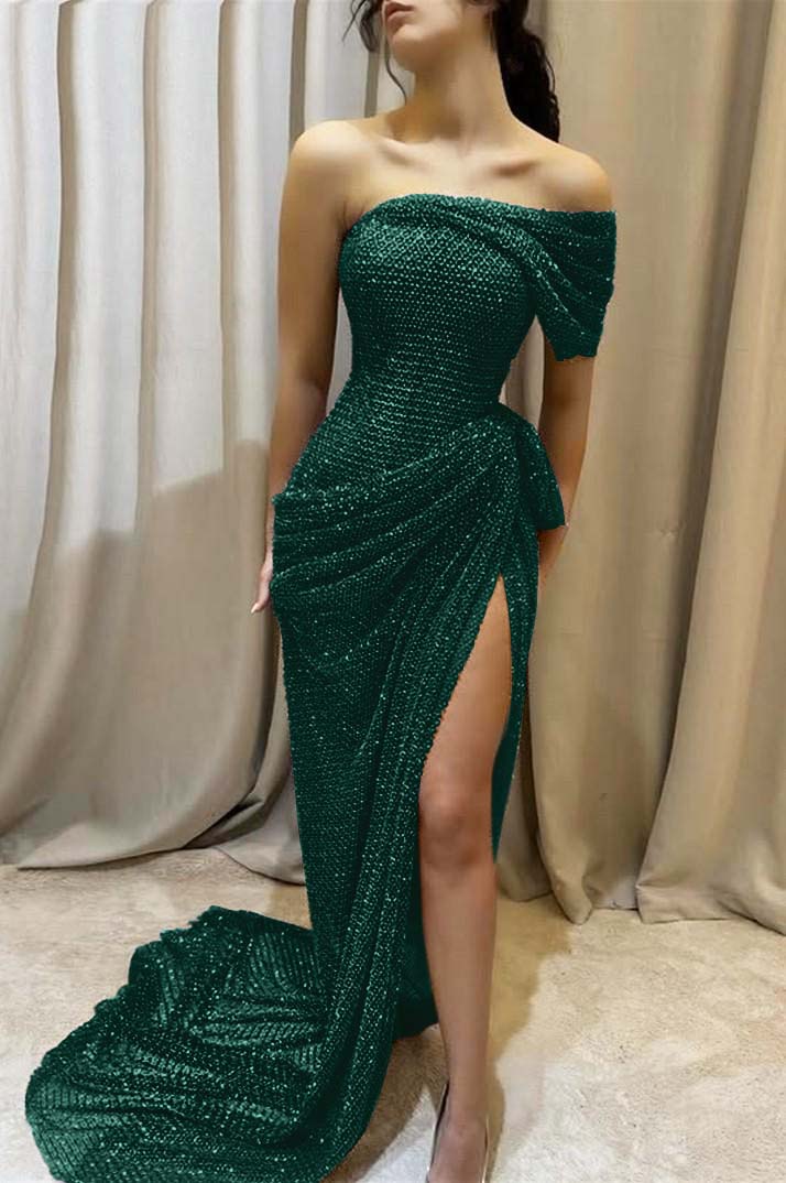 Sequins One Shoulder Sleeveless Long Prom Dress With Split Pleated