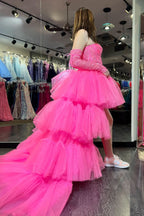 Hot Pink Off-Shoulder A-Line Tulle Layers Applique Hi-Low Prom Dress BM bride