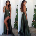Modern V Neck Sleeveless High Split Backless Long Prom Dress Spaghetti Strap