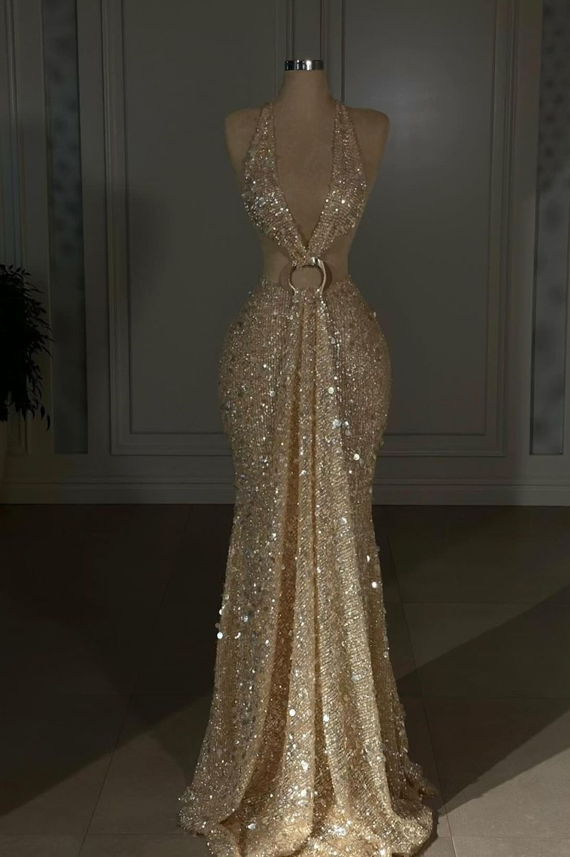 Halter Sleeveless Backless Long Mermaid Prom Dress With Sequins