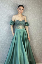 Off-the-Shoulder Spaghetti-Strap Evening Dress with Beadings BM bride