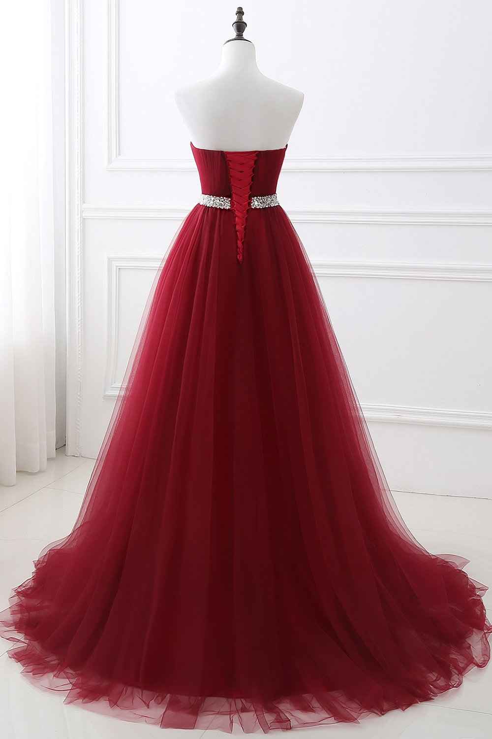 Burgundy Sweetheart Sleeveless Beadings Elegant Prom Dress Long With Belt