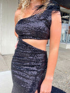 Unique One Shoulder Sparkly Black Mermaid Prom Dress BM bride