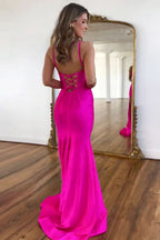 Sparkly Fuchsia Spaghetti Straps Prom Dress with Lace-Up Beaded Detail and Slit BM bride