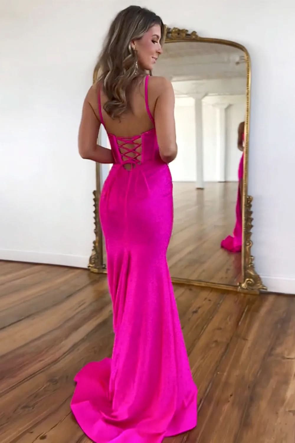 Sparkly Fuchsia Spaghetti Straps Prom Dress with Lace-Up Beaded Detail and Slit BM bride