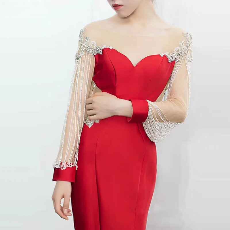 Charming Sweetheart Red Bead Embroidery Tassels Applique Long Prom Dress