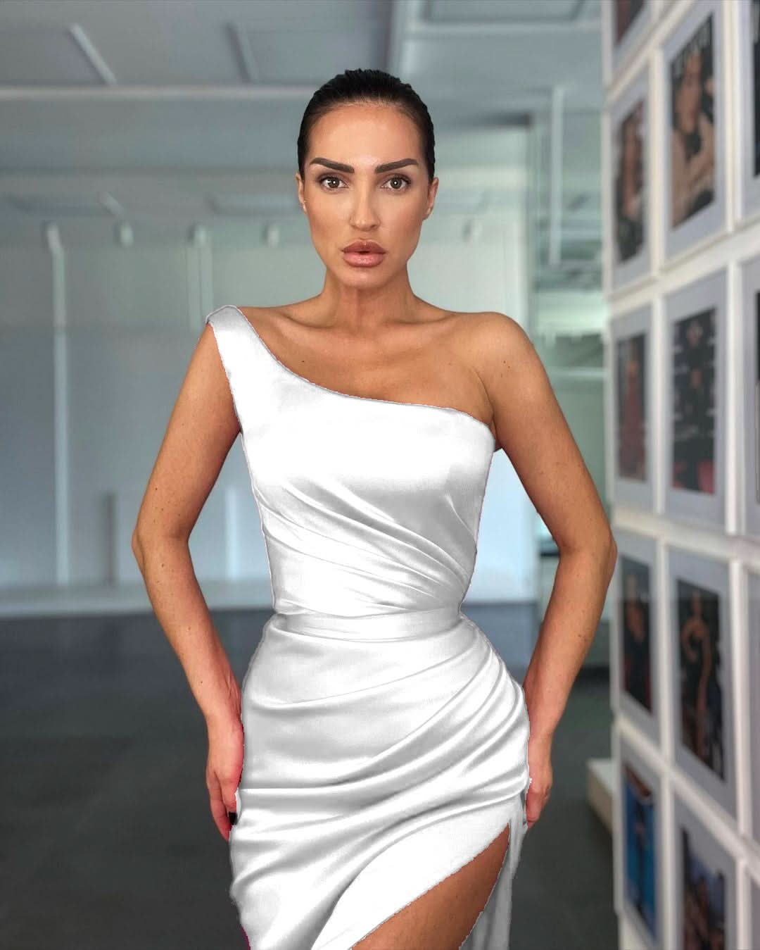 Elegant Rose One Shoulder Evening Dress with Sleeveless and Slit BM bride