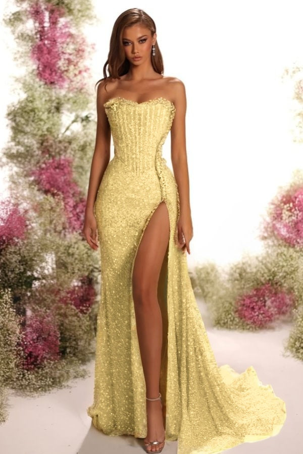 Strapless Sleeveless Long Split Prom Dress With Pleated Sequins BMBRIDE
