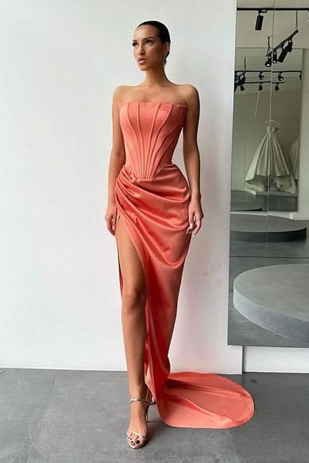 Strapless Long Prom Dress Split Evening Party Gowns BM bride
