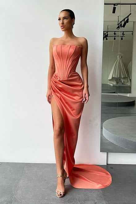 Strapless Sleeveless High Split Long Prom Dress With Pleated