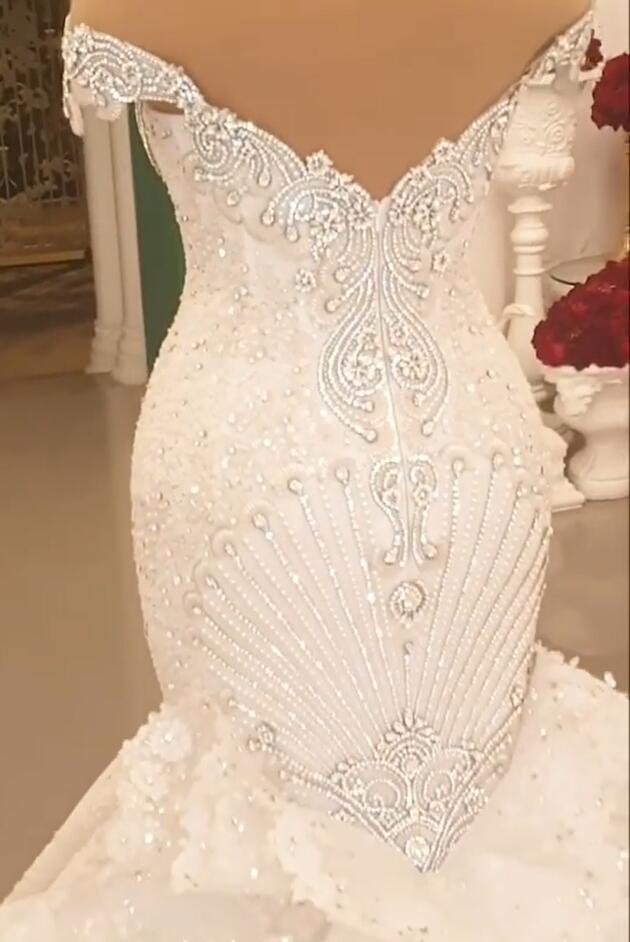 Off-the-Shoulder Floor-Length Backless Mermaid Wedding Dress with Crystal BM bride