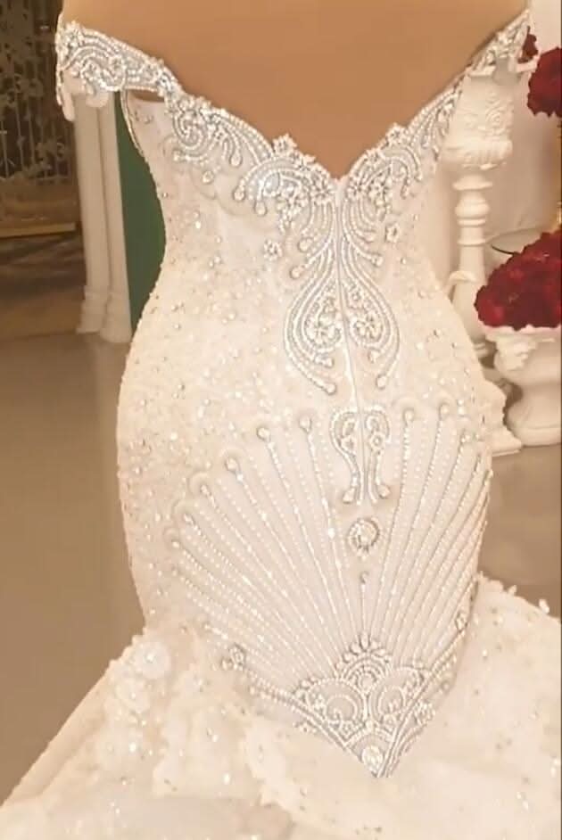 Off-the-Shoulder Floor-Length Backless Mermaid Wedding Dress with Crystal BM bride