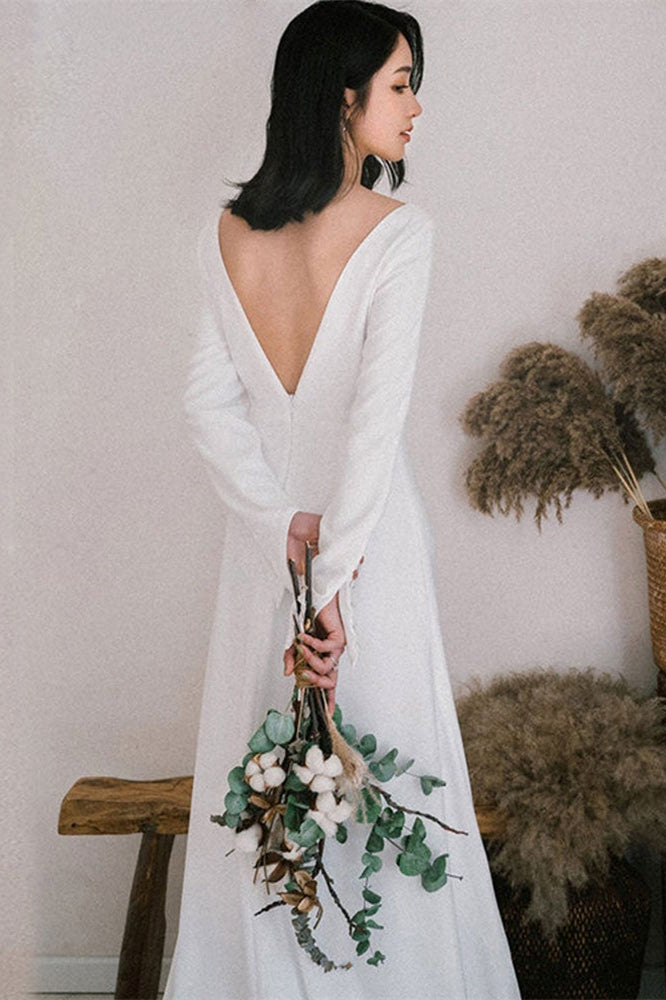 V-Neck Long Sleeve Slit Wedding Dress BM bride
